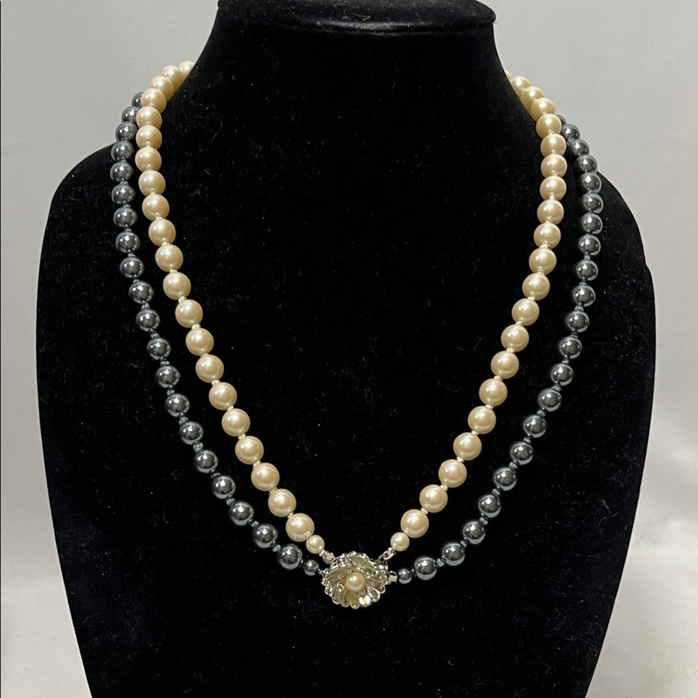 Double Strand Knotted Elegant Cultured Pearls Flower Clasp 22”Necklace